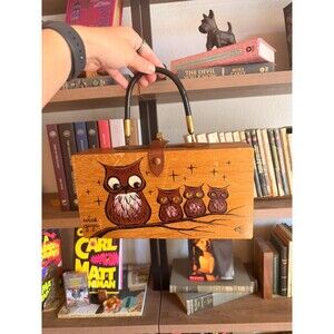 Vintage 1960s Enid Collins Wise Guys Owls Hand Painted Wooden Box Purse Handbag